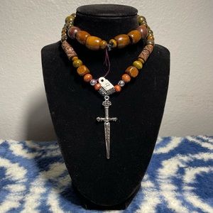 16” Handmade Medieval Sword Wooden Bead Necklace